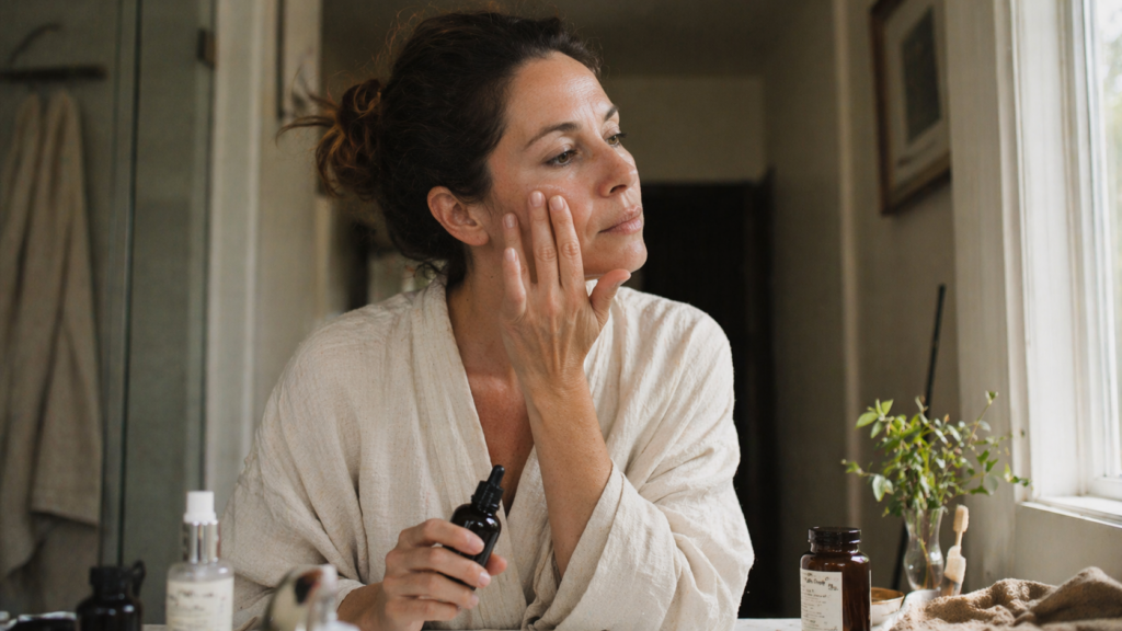 Woman in her forties applying serum at her bathroom sink in morning light, a real perimenopause skincare routine in progress