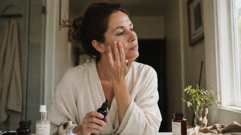 Woman in her forties applying serum at her bathroom sink in morning light, a real perimenopause skincare routine in progress