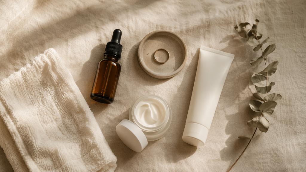 Flat lay of a minimalist morning skincare routine for women over 40, with vitamin C serum, moisturizer, and SPF on cream linen