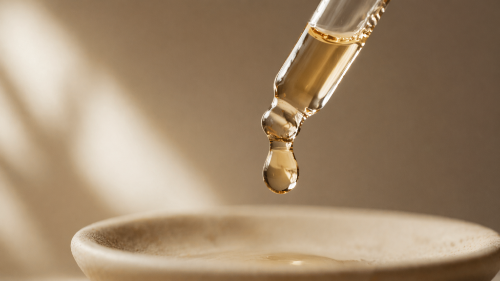 Close-up of a glass dropper releasing a drop of vitamin C serum, a core active ingredient in anti-aging skincare over 40