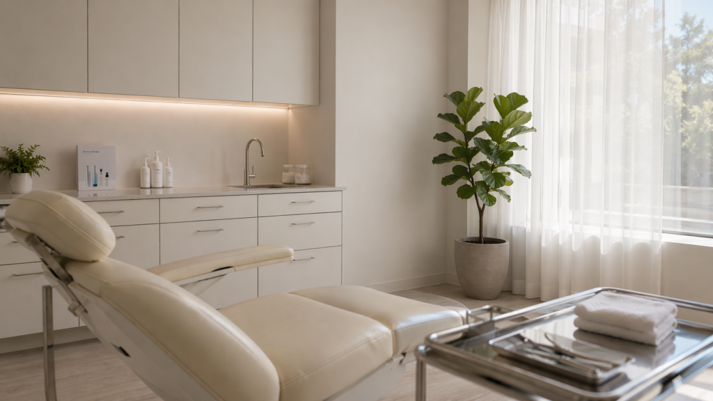 Modern dermatology treatment room with a cream leather chair and sterile tray, where women over 40 consider professional skin treatments