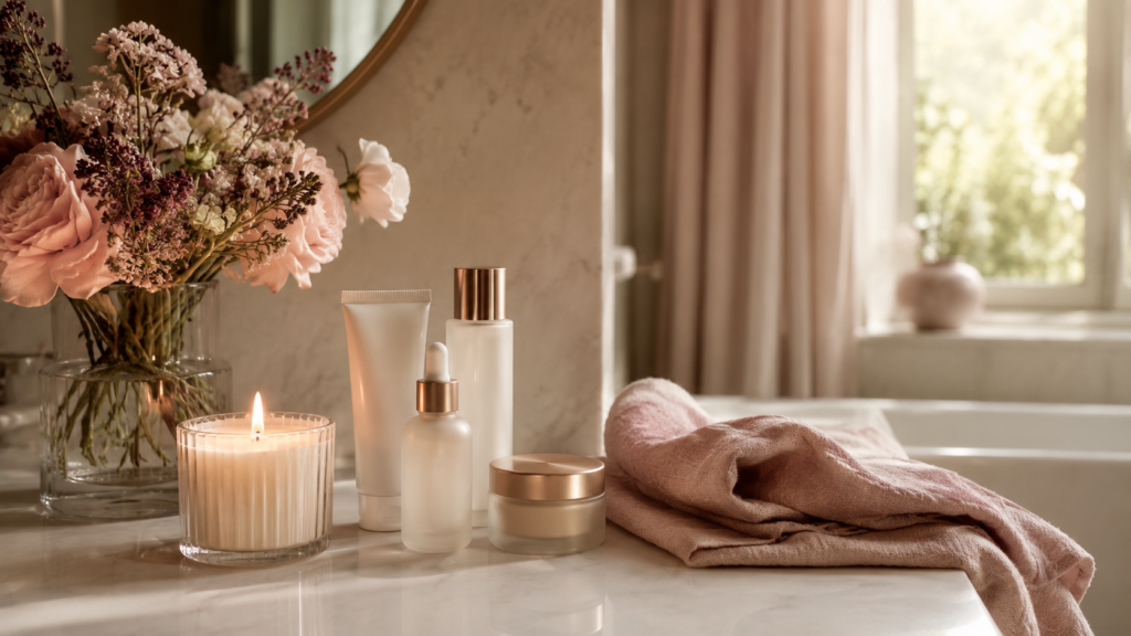 Calm blush-toned self-care corner with candle and skincare, symbolising soft life self-care as maintenance Calm blush-toned self-care corner with candle and skincare, symbolising soft life self-care as maintenance