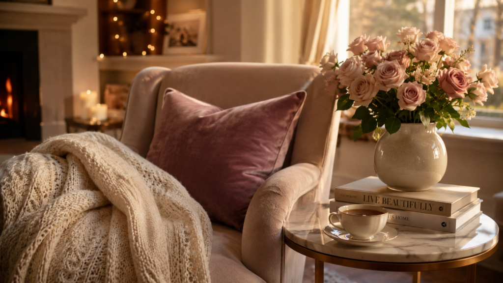 Cosy quiet-luxury living corner with flowers, books, and soft throw, illustrating beauty in everyday surroundings