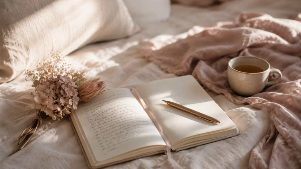 Open gratitude journal with tea and flowers in soft morning light, representing an evening soft life ritual Open gratitude journal with tea and flowers in soft morning light, representing an evening soft life ritual
